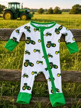 NWOT Tractor Print One-Piece Bamboo Romper - Green/White